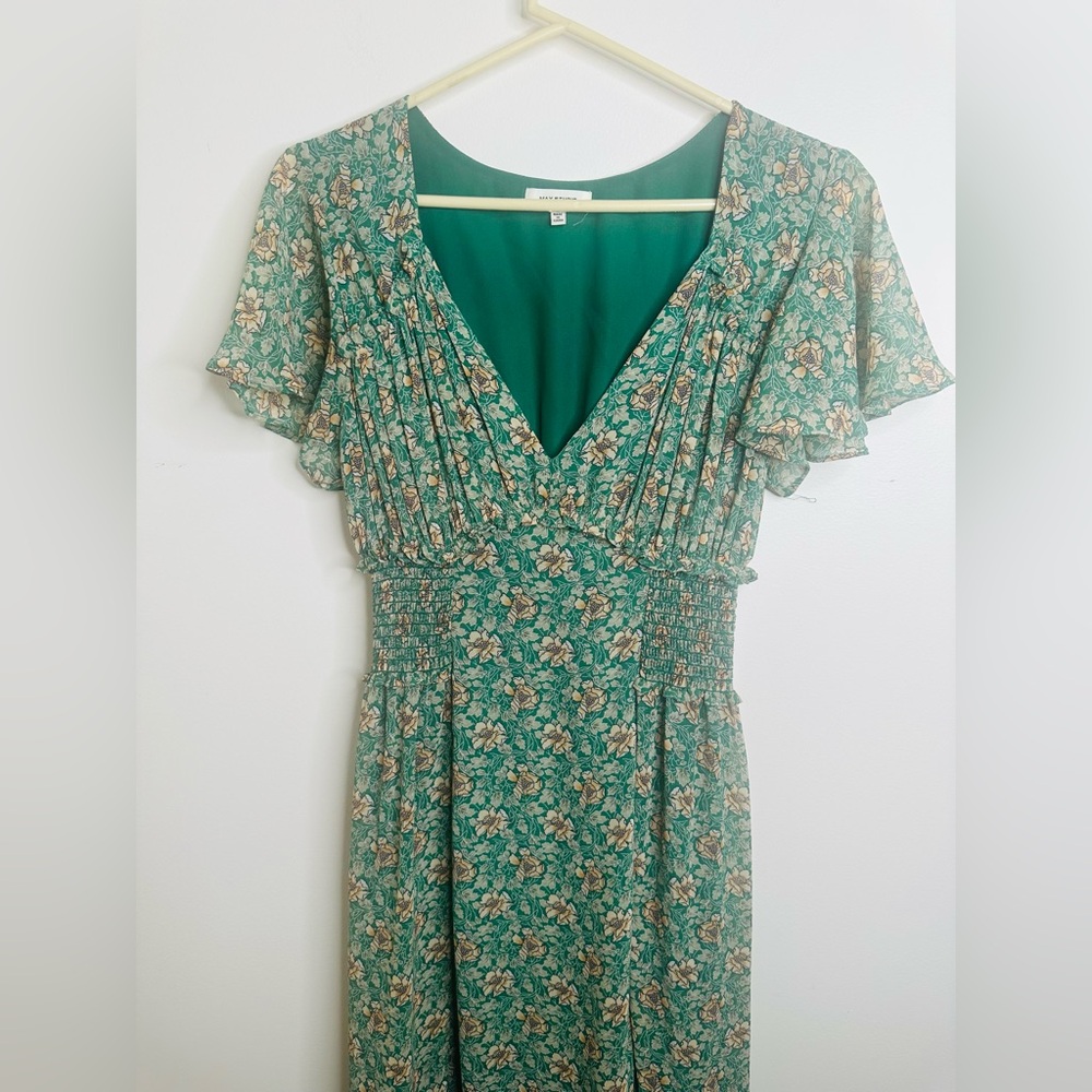 Max Stuido Maxi Dress Green Floral Cinched Ruffle Tiered Prairie Women’s Small